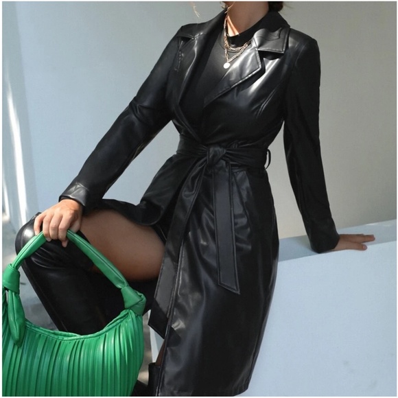 Luxe Black Vegan Leather belted Jacket Coat - Picture 3 of 6